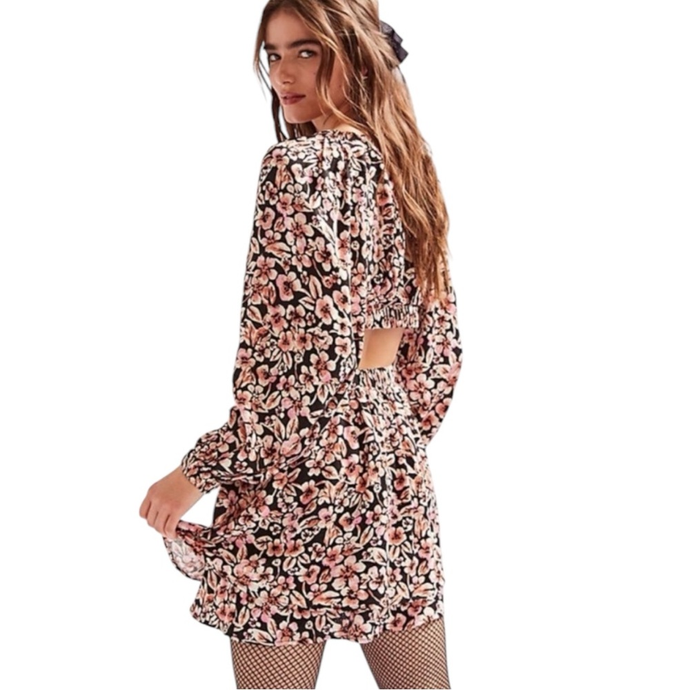 NEW Free People Women’s Medium Jael Cut Out Mini Dress Black Floral